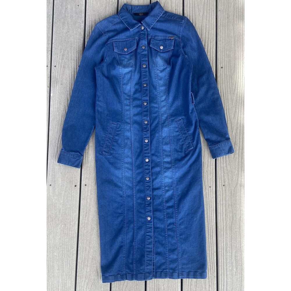 GILI QVC Denim Midi Shirt Dress Sz 8 Long Sleeve Button Down Classic Preppy